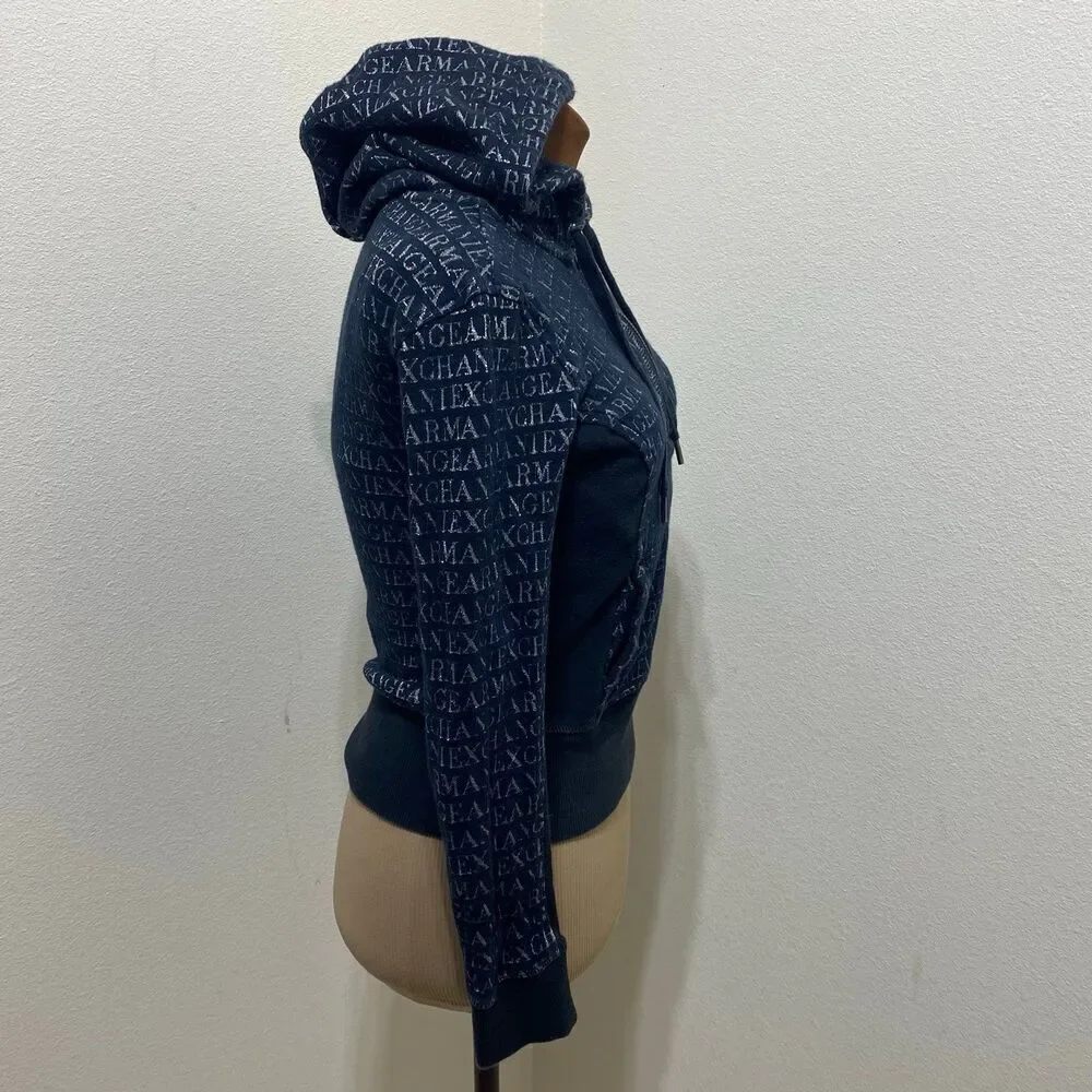 Armani Exchange Black/Silver Hoodie Size XS Quarter Zip Kangaroo Pocket - Picture 5 of 9